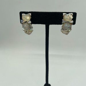 Vntg Lisner Silver Tone Moonglow Iridescent Lucite & Rhinestone Clip On Earrings